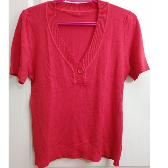 KNITTED BRIGHT RED SHORT SLEVE SHIRT - Picture 1 of 9